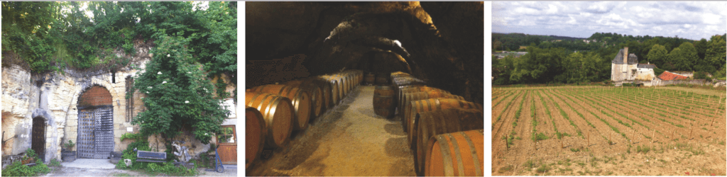 Left to right - The Carême Cellar Door, the barrel hall (located in limestone caves, several metres under the ground, Le Cos vineyard 