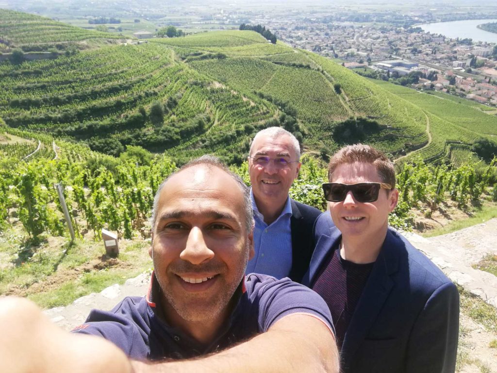 Puneet, Brandon and Jean-Luc at the Paul Jaboulet Aine vineyard